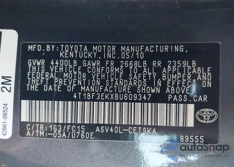 2011 Toyota Camry Se from USA, damaged, VIN 4T1BF3EKXBU609347